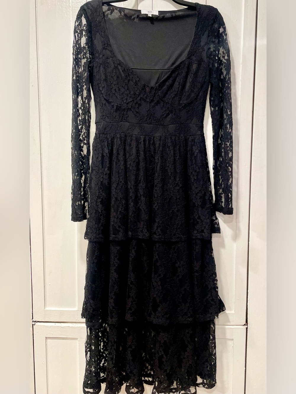 NSR Black Lace Layered Maxi Dress Sheer Bottom Long Sleeve Romantic S